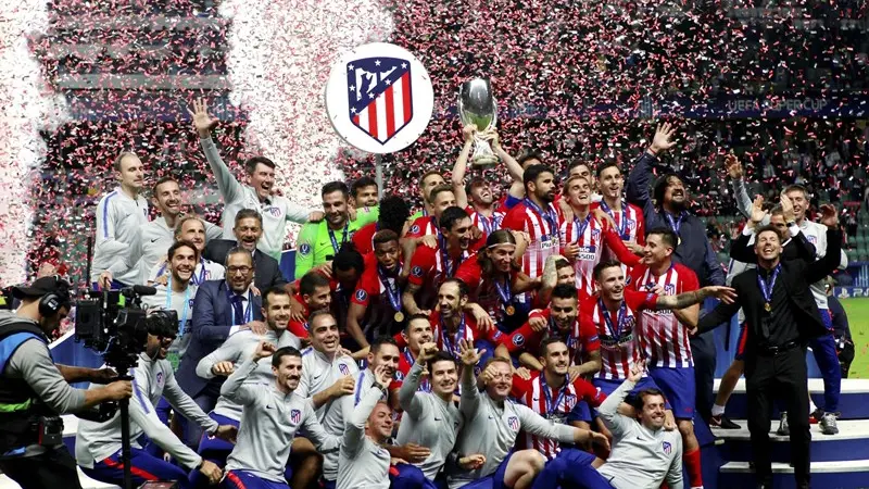 I festeggiamenti dei giocatori dell'Atletico Madrid - Foto Ansa/Epa Toms Kalnins