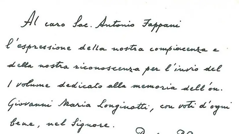 Il biglietto autografo del Papa fatto avere a don Fappani - Foto © www.giornaledibrescia.it