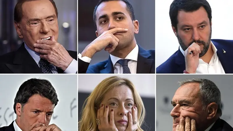 I leader dei principali partiti: Berlusconi, Di Maio, Salvini, Renzi, Meloni e Grasso - Ansa