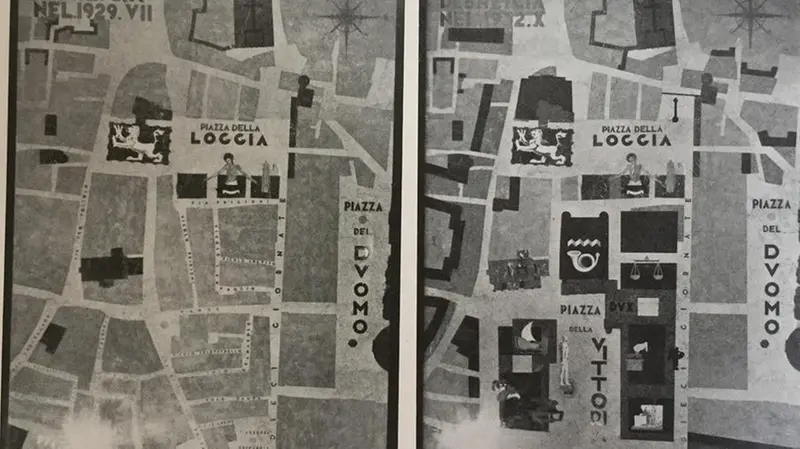 Planimetrie. La zona «risanata» del centro di Brescia, prima e dopo la sistemazione comprendente piazza della Vittoria