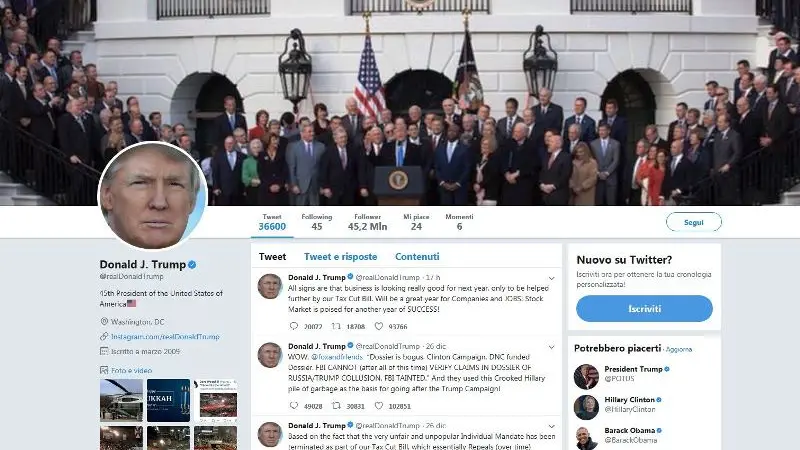 Il profilo Twitter di Donald Trump - © www.giornaledibrescia.it