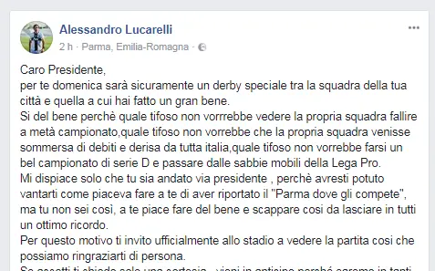 Alessandro Lucarelli, Ghirardi, Cellino e il post del capitano del Parma