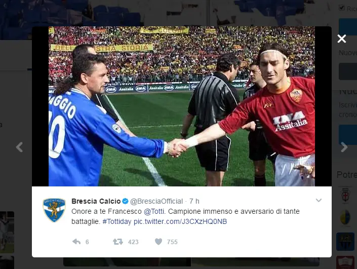 Il Brescia calcio ringrazia Totti con due foto ricordo