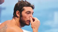 Le lacrime di Christian Presciutti, giocatore della An Brescia, dopo la semifinale con la Serbia