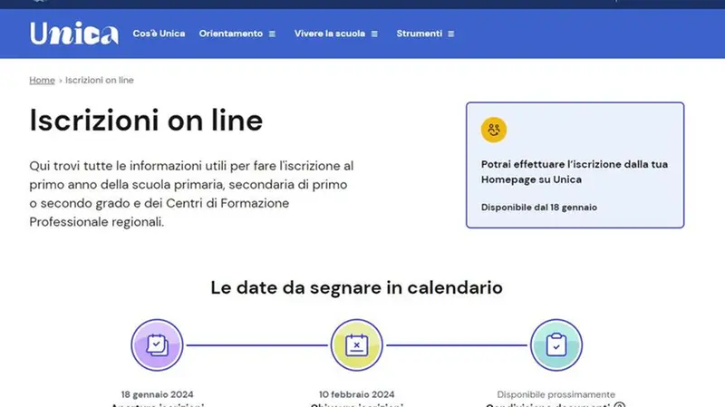 La schermata di Unica nella pagina delle iscrizioni online