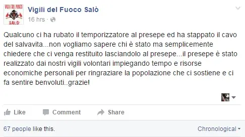 Il post sulla pagina dei Vigili del Fuoco volontari di Salò