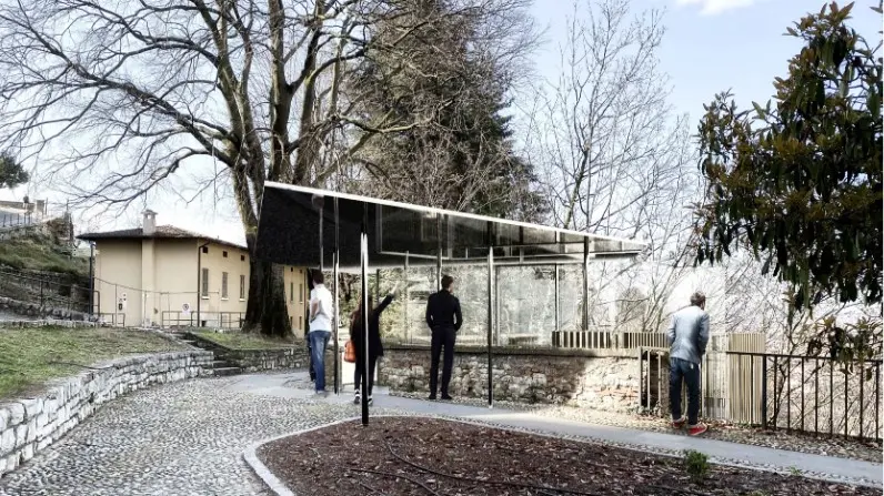 L'arrivo dell'ascensore, da Fossa Bagni all'angolo nord-ovest del piazzale