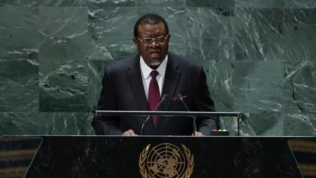 epa10871631 President of the Republic of Namibia Hage Geingob speaks during the 78th session of the United Nations General Assembly at United Nations Headquarters in New York, New York, USA, 20 September 2023.  EPA/ADAM GRAY