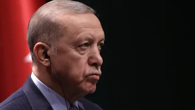 epa11101569 Turkish President Recep Tayyip Erdogan looks on during a press conference with Iranian president after their meeting at the presidential palace in Ankara, Turkey, 24 January 2024.  EPA/NECATI SAVAS