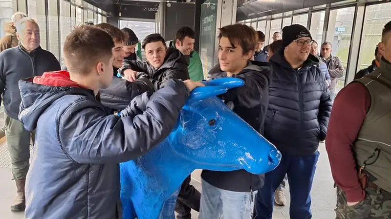 La mucca Pollon degli agricoltori in metro con alcuni ragazzi