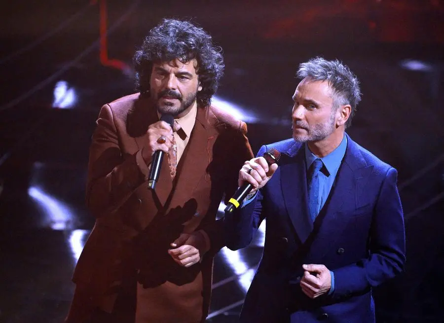 Italian singers Francesco Renga and Nek perform on stage at the Ariston theatre during the 74th Sanremo Italian Song Festival, in Sanremo, Italy, 06 February 2024. The music festival will run from 06 to 10 February 2024. ANSA/ETTORE FERRARI