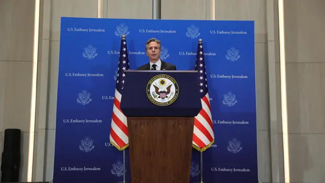 epa11066366 US Secretary of State Antony Blinken  speaks during a press conference in Tel Aviv, Israel, 09 January 2024. Blinken's official visit to Israel, his fourth since the 07 October 2023 Hamas attack, is part of his trip to the region.  EPA/ABIR SULTAN