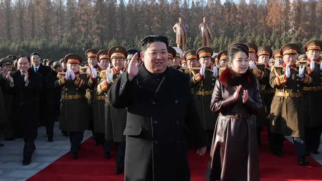 epa11138335 A photo released by the official North Korean Central News Agency (KCNA) on 09 February 2024 shows North Korean leader Kim Jong Un and his daughter Kim Ju Ae attending a banquet celebrating the 76th anniversary of the founding of the Korean People's Army (KPA) in Pyongyang, North Korea, 08 February 2024. North Korea marks the 76th anniversary of the founding of its military on 08 February with a visit to the Ministry of National Defence and a banquet attended by North Korean leader Kim Jong Un and his daughter.  EPA/KCNA   EDITORIAL USE ONLY  EDITORIAL USE ONLY