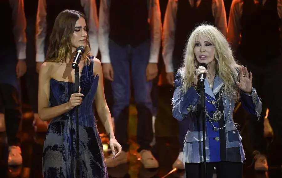 Italian singers Clara (L) and Ivana Spagna perform on stage at the Ariston theatre during the 74th Sanremo Italian Song Festival in Sanremo, Italy, 09 February 2024. The music festival runs from 06 to 10 February 2024.   ANSA/RICCARDO ANTIMIANI