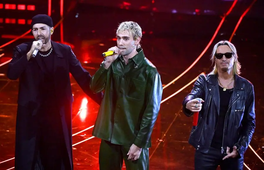 Italian singer Mr. Rain with Italian duo Gemelli Diversi perform on stage at the Ariston theatre during the 74th Sanremo Italian Song Festival, Sanremo, Italy, 09 February 2024. The music festival will run from 06 to 10 February 2024. ANSA/RICCARDO ANTIMIANI