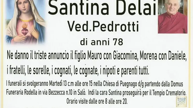 Il necrologio di Santina Delai