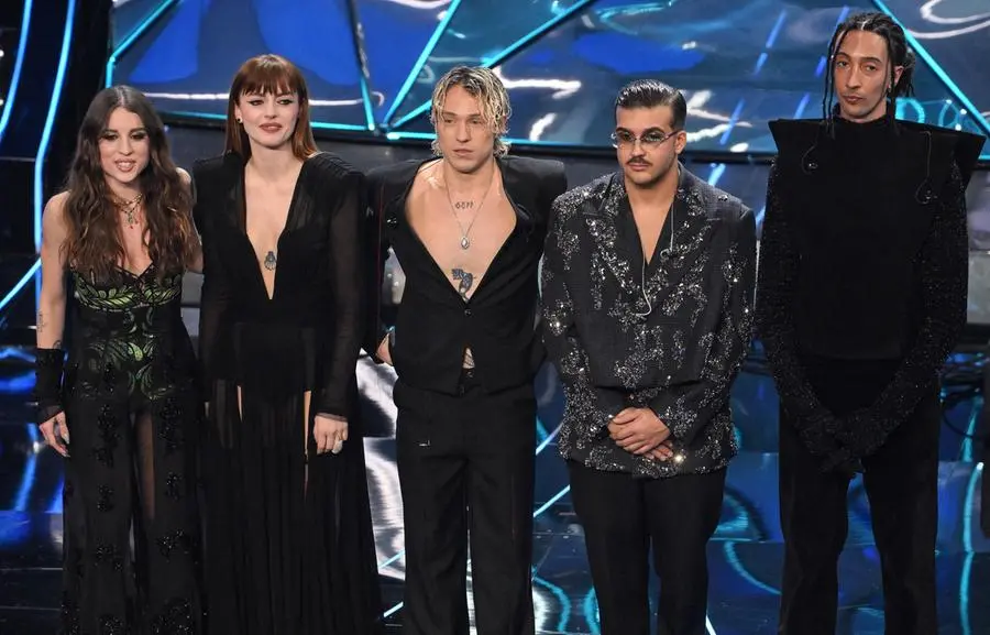 (L-R) Italian singers Angelina Mango, Annalisa, Irama, Geolier and Ghali on stage at the Ariston theatre during the 74th Sanremo Italian Song Festival, Sanremo, Italy, 10 February 2024. The music festival will run from 06 to 10 February 2024. ANSA/ETTORE FERRARI