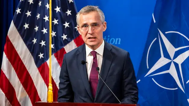 epa11116172 NATO Secretary General Jens Stoltenberg speaks on the modern needs of the NATO alliance at the Heritage Foundation in Washington, DC, USA, 31 January 2024. Stoltenberg stated that ‘while China is the most serious largest long-term challenge, Russia is the most immediate one.’ He also said ‘NATO is a good deal for the United States.’ EPA/JIM LO SCALZO