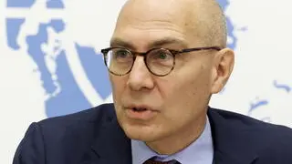 epa10356320 UN High Commissioner for Human Rights Volker Turk (Tuerk) holds a press conference, at the European headquarters of the United Nations in Geneva, Switzerland, 09 December 2022. EPA/SALVATORE DI NOLFI SWITZERLAND OUT