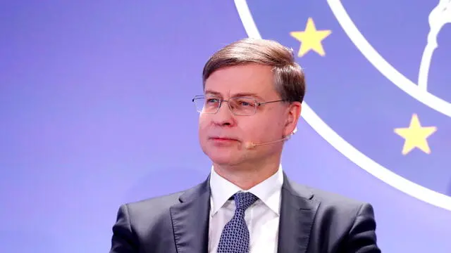 epa11106429 Executive Vice President of the European Commission and Trade Commissioner Valdis Dombrovskis attends the international conference 'Ten Years with the Euro' in Riga, Latvia, 26 January 2024, to mark the tenth anniversary of Latvia in the euro area. The conference, which focused on the experience gained from introducing the euro in several countries, gathered policy makers, experts and civil society representatives who have played a significant  role in the adoption of the euro across Europe.  EPA/TOMS KALNINS