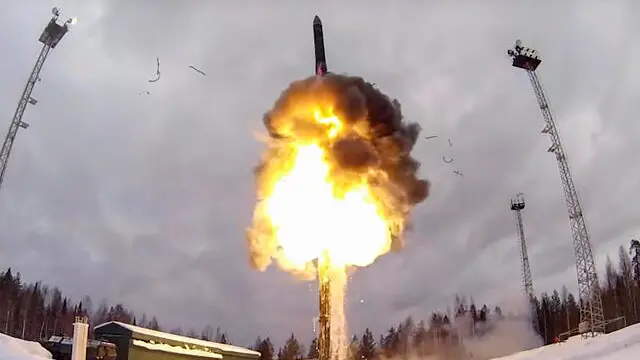 epa09771987 A handout still image taken from handout video made available by the Russian Defence ministry press-service shows launch of the intercontinental ballistic missile 'Yar' from Plesetsk at the Kura training ground, Russia, 19 February 2022. Russian President Vladimir Putin opens exercises of the Russian strategic deterrence forces with launches of the ballistic missiles. Russian Navy ships of the Northern and Black Sea Fleets launched 'Kalibr' cruise missiles and 'Zirkon' hypersonic missiles at sea and ground targets during scheduled exercises of the strategic deterrence forces on Saturday. The 'Yars' intercontinental ballistic missile was launched from Plesetsk at the Kura training ground. EPA/RUSSIAN DEFENCE MINISTRY PRESS SERVICE / HANDOUT HANDOUT EDITORIAL USE ONLY/NO SALES