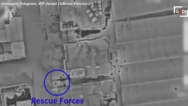 Un fermo immagine del bombardamento delle forze israeliane avvenuto la scorsa su diverse case, a Rafah, mentre salvavano due ostaggi, 12 febbraio 2024. Mentre in Israele c'è stata esultanza per la liberazione dei due ostaggi, la gente ha raccontato una notte di paura. NPK Frame da video Repubblica TV +++ATTENZIONE LA FOTO NON PUO' ESSERE PUBBLICATA O RIPRODOTTA SENZA L'AUTORIZZAZIONE DELLA FONTE DI ORIGINE CUI SI RINVIA+++ +++NO SALES; NO ARCHIVE; EDITORIAL USE ONLY+++