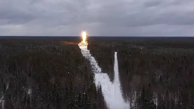 epa09771986 A handout still image taken from handout video made available by the Russian Defence ministry press-service shows launch of the intercontinental ballistic missile 'Yar' from Plesetsk at the Kura training ground, Russia, 19 February 2022. Russian President Vladimir Putin opens exercises of the Russian strategic deterrence forces with launches of the ballistic missiles. Russian Navy ships of the Northern and Black Sea Fleets launched 'Kalibr' cruise missiles and 'Zirkon' hypersonic missiles at sea and ground targets during scheduled exercises of the strategic deterrence forces on Saturday. The 'Yars' intercontinental ballistic missile was launched from Plesetsk at the Kura training ground.  EPA/RUSSIAN DEFENCE MINISTRY PRESS SERVICE / HANDOUT  HANDOUT EDITORIAL USE ONLY/NO SALES