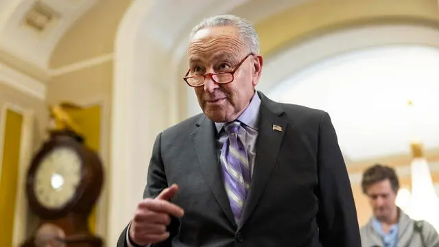 epa11132325 Democratic Senate Majority Leader Chuck Schumer prepares to speak about the 118 billion US dollar bipartisan border deal in the US Capitol in Washington, DC, USA, 06 February 2024. The long-negotiated bill appears on the verge of collapse just 48 hours after it was released. McConnell, who once supported the measure, has reversed course, urging fellow Republicans to vote against it. EPA/JIM LO SCALZO