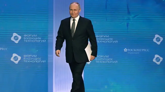 epa11152784 Russian President Vladimir Putin attends a plenary session of the Future Technologies Forum at Moscow's World Trade Centre in Moscow, Russia, 14 February 2024. Putin instructed the government to form and launch another national project by the end of the year to develop modern health-saving technologies. EPA/ALEXEY MAISHEV/SPUTNIK/KREMLIN POOL MANDATORY CREDIT