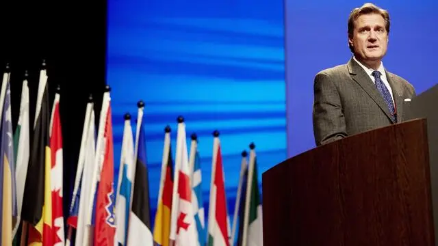 epa04502156 US Mike Turner, newly elected President of the Parliamentary Assembly, delivers a speech during the fourth day of the NATO Parliamentary Assembly 60th Annual Session, in The Hague, The Netherlands, 24 November 2014. The summit taking place at the World Forum in The Hague from 21 to 24 November brings together parliamentarians from the 28 North Atlantic Treaty Organization (NATO) countries to debate on the Ukraine conflict and NATO's relations to Russia as well as the security situation in Afghanistan as well as to celebrate the 60th anniversary of the Parliamentary Assembly. EPA/MARTIJN BEEKMAN