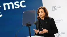 epa11158165 US Vice President Kamala Harris delivers a speech at the 'Bayerischer Hof' hotel, the venue of the 60th Munich Security Conference (MSC), in Munich, Germany, 16 February 2024. More than 500 high-level international decision-makers meet at the 60th Munich Security Conference in Munich during their annual meeting from 16 to 18 February 2024 to discuss global security issues.  EPA/Anna Szilagyi