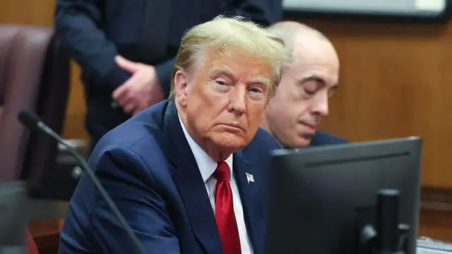 epa11155123 Former U.S. President Donald Trump appears during a court hearing on charges of falsifying business records to cover up a hush money payment to a porn star before the 2016 election, at the New York State Supreme Court in Manhattan, New York City, USA, 15 February 2024. Trump is facing 34 felony counts of falsifying business records related to payments made to adult film star Stormy Daniels during his 2016 presidential campaign.  EPA/BRENDAN MCDERMID / POOL