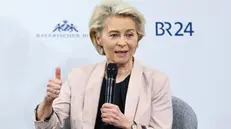 epa11160200 European Commission President Ursula von der Leyen gestures as she speaks during a panel discussion at the 'Bayerischer Hof' hotel, the venue of the 60th Munich Security Conference (MSC), in Munich, Germany, 17 February 2024. More than 500 high-level international decision-makers meet at the 60th Munich Security Conference in Munich during their annual meeting from 16 to 18 February 2024 to discuss global security issues.  EPA/ANNA SZILAGYI