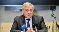 Il ministro degli Esteri Antonio Tajani, durante un punto stampa in occasione della Conferenza sulla sicurezza e della riunione informale G7 Esteri a Monaco, in Germania, 16 febbraio 2024. ANSA/ALESSANDRO DI MEO