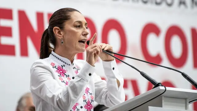 epa10970907 Claudia Sheibaum, Candidate of the ruling National Regeneration Movement (Morena) for the presidency of Mexico speaks during a campaign event in the city of Monterrey, Mexico, 11 November 2023. Sheibaum said that her party respected the popular will in the polls for the election of her party's candidates for nine governorships in the 2024 elections.  EPA/Miguel Sierra