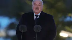 epa11108628 Belarusian President Alexander Lukashenko delivers a speech at the opening ceremony of a monument to civilians killed during World War Two, marking the 80th anniversary of lifting of the Leningrad siege, near the village of Zaitsevo in the Leningrad Region, Russia, 27 January 2024. Up to 700,000 civilians are believed to have died from hunger, frost, shelling and air bombardment during the siege that lasted some 900 days.  EPA/ANTON VAGANOV / POOL