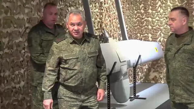epa10937918 A handout still image taken from a video provided by the Russian Defense Ministry press-service shows Russian Minister of Defense Sergei Shoigu (C) inspecting the forward command post of the 'Vostok' (East) group of troops at an undisclosed location in Ukraine, 25 October 2023. Shoigu said that the Ukrainian army has fewer capabilities and drew attention to the large losses of Ukrainian aviation.  EPA/RUSSIAN DEFENSE MINISTRY PRESS SERVICE/HANDOUT  HANDOUT EDITORIAL USE ONLY/NO SALES HANDOUT EDITORIAL USE ONLY/NO SALES