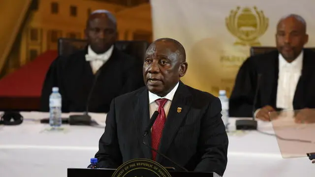 epa11137315 South African President Cyril Ramaphosa delivers his 2024 State of the Nation address at the City Hall in Cape Town, South Africa , 08 February 2024.  EPA/ESA ALEXANDER / POOL