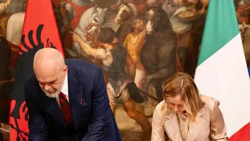Italy's Prime Minister Giorgia Meloni during a meeting with Albania's Prime Minister, Edi Rama, at Chigi Palace in Rome, Italy, 06 November 2023.
ANSA/CHIGI PRESS OFFICE/FILIPPO ATTILI
+++ ANSA PROVIDES ACCESS TO THIS HANDOUT PHOTO TO BE USED SOLELY TO ILLUSTRATE NEWS REPORTING OR COMMENTARY ON THE FACTS OR EVENTS DEPICTED IN THIS IMAGE; NO ARCHIVING; NO LICENSING +++ NPK +++