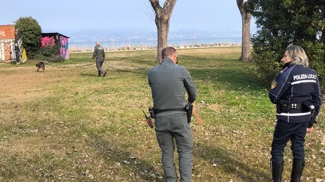 Gli agenti della Polizia locale di Sirmione controllano il parco dopo il ritrovamento di esche avvelenate