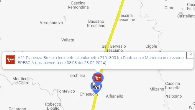 La segnalazione dell'incidente in A21 sul sito di Autovia Padana