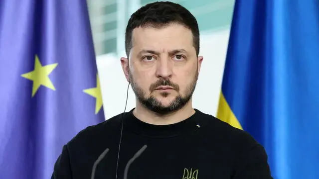 epa11157721 Ukraine's President Volodymyr Zelensky attends a joint press conference with the German chancellor at the German Chancellery building during Zelensky’s visit to Berlin, Germany, 16 February 2024. EPA/CLEMENS BILAN