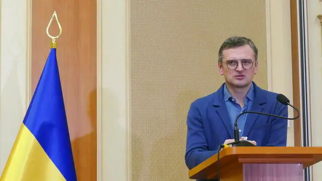 epa11178941 Ukrainian Foreign Minister Dmytro Kuleba addresses a joint press conference with German Foreign Minister Annalena Baerbock (not pictured) in the South Ukrainian city of Odesa, Ukraine, 24 February 2024. Baerbock arrived in Ukraine to meet with top Ukrainian officials on the day of the second anniversary of the Russian invasion of Ukraine. EPA/IGOR TKACHENKO