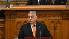 epa11182600 Hungarian Prime Minister Viktor Orban delivers his address on the opening day of the spring session of the Hungarian Parliament in Budapest, Hungary, 26 February 2024. Hungarian lawmakers are expected to vote about the new head of state on the day. The ruling coalition Fidesz-KDNP nominated Tamas Sulyok, the current head of the Constitutional Court for head of state.  EPA/SZILARD KOSZTICSAK HUNGARY OUT