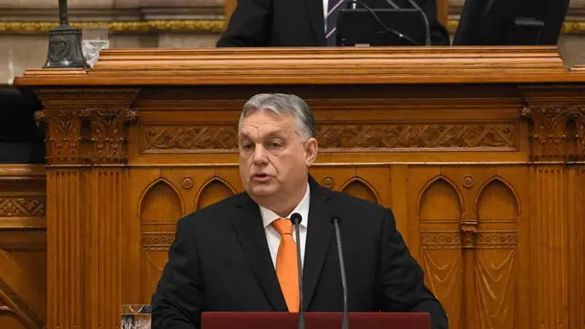 epa11182600 Hungarian Prime Minister Viktor Orban delivers his address on the opening day of the spring session of the Hungarian Parliament in Budapest, Hungary, 26 February 2024. Hungarian lawmakers are expected to vote about the new head of state on the day. The ruling coalition Fidesz-KDNP nominated Tamas Sulyok, the current head of the Constitutional Court for head of state.  EPA/SZILARD KOSZTICSAK HUNGARY OUT