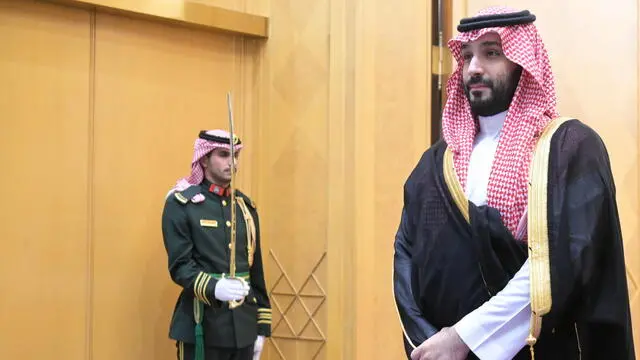 epa11014304 Saudi Arabian Crown Prince Mohammed bin Salman Al Saud waits for the arrival of Russian President Vladimir Putin, ahead of their meeting at Al Yamamah Palace in Riyadh, Saudi Arabia, 06 December 2023. During his one day working visits to UAE and Saudi Arabia, Putin will talk with the leaders of the countries, together with delegations that will include members of the government and representatives of the fuel and energy complex, and personally to discuss cooperation within OPEC+, Ukraine and the Middle East.  EPA/ALEXEI NIKOLSKY / SPUTNIK / KREMLIN POOL MANDATORY CREDIT