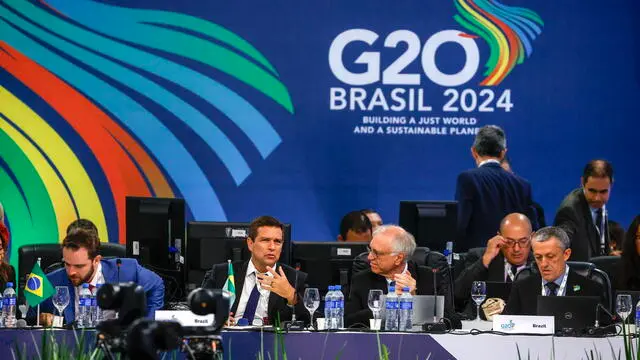 epa11187060 Central Bank of Brazil President Roberto Campos Neto (C-L) participates in a G20 Economy Ministers' meeting in Sao Paulo, Brazil, 28 February 2024. The Group of 20 (G20) economy and finance ministers, as well as central bank governors meet in Sao Paulo on 28 and 29 February in the run-up to the G20 Summit to be held in Rio de Janeiro on 18 and 19 November 2024.  EPA/SEBASTIAO MOREIRA