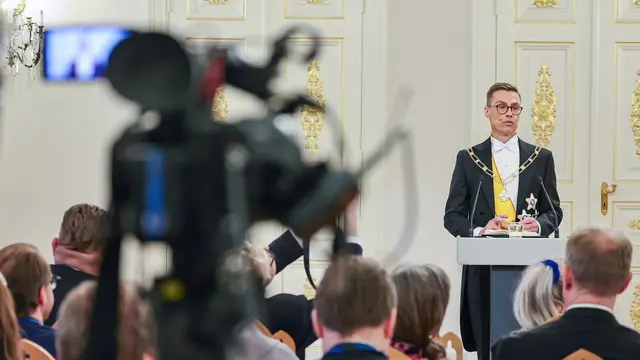 epa11191269 Finnish President Alexander Stubb holds his first press conference as head of state, at the Presidential Palace in Helsinki, Finland, 01 March 2024. Stubb was sworn in as Finland's new president on 01 March 2024, replacing Sauli Niinisto. EPA/MAURI RATILAINEN