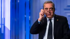 Il capogruppo di Fi al Senato Maurizio Gasparri durante la trasmissione televisiva di RaiUno, Porta a Porta, condotta da Bruno Vespa, Roma, 27 febbraio 2024. ANSA/ANGELO CARCONI