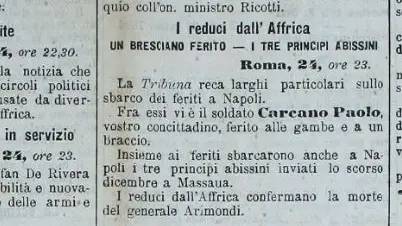 Un frammento del quotidiano La Sentinella Bresciana del 25 marzo 1896 con la notizia di un soldato bresciano ferito ad Adua